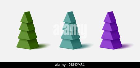 3D Abbildung von Weihnachtsbäumen, Satz von Volumenkegeln stilisierte Formen Stock Vektor