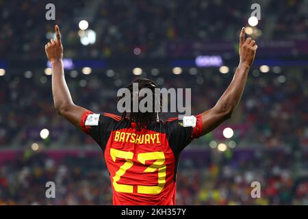 Doha, Katar. Al Rajjan, Katar. 23.. November 2022. Fußball, Weltmeisterschaft 2022 in Katar, Belgien – Kanada, Vorrunde, Gruppe F, Matchday 1 im Ahmad bin Ali Stadium in Al-Rajjjan, Belgiens Michy Batshuayi feiert nach einem Tor von 1:0. Kredit: Tom Weller/dpa/Alamy Live News Kredit: dpa Picture Alliance/Alamy Live News Stockfoto