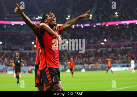 Doha, Katar. Al Rajjan, Katar. 23.. November 2022. Fußball, Weltmeisterschaft 2022 in Katar, Belgien – Kanada, Vorrunde, Gruppe F, Matchday 1 im Ahmad bin Ali Stadium in Al-Rajjjan, Belgiens Michy Batshuayi feiert nach einem Tor von 1:0. Kredit: Tom Weller/dpa/Alamy Live News Kredit: dpa Picture Alliance/Alamy Live News Stockfoto