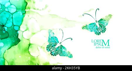 Wunderschöner blau-grüner abstrakter, durchsichtiger Schmetterling in Aquarellfarben. Wasserfarbener Hintergrund mit Schmetterlingen. Vektordarstellung Stock Vektor