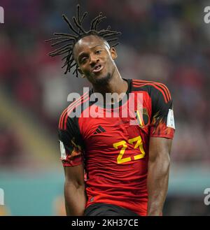 Al-Rayyan, Katar. 23.. November 2022. Michy Batshuayi aus Belgien feiert das Spiel der Gruppe F zwischen Belgien und Kanada bei der FIFA-Weltmeisterschaft 2022 im Ahmad bin Ali Stadion in Al Rayyan, Katar, am 23. November 2022. Kredit: Meng Dingbo/Xinhua/Alamy Live News Stockfoto