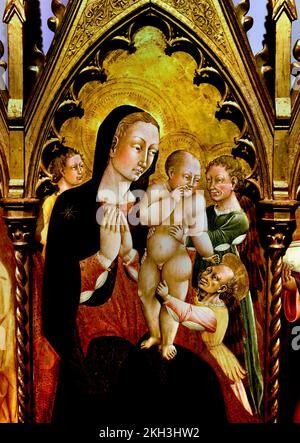 Madonna und Kind, umgeben von Engeln und Heiligen, 1465, Giacomo del Pisano, Italiener, Maler, Italien, aktiv 2.. Hälfte des 15.. Jahrhunderts Stockfoto