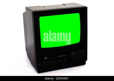 Retro Old 1985 CRT-Fernseher mit Videorekorder in einer Einheit Stockfoto