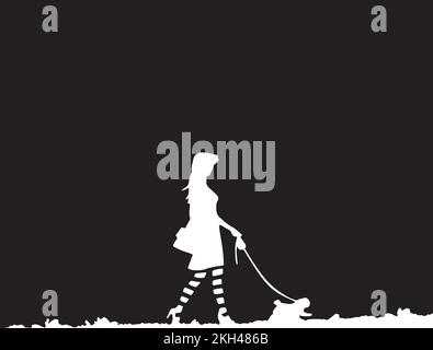 A vector black and white illustration of a silhouette of a girl walking the dog in the park, wearing a dress and high heels Stock Vektor