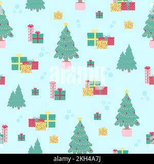 Abbildung der Vorlage für Weihnachtshintergründe. Weihnachtsbaum, Geschenke und Schneemuster nahtlos zu Neujahr Stock Vektor