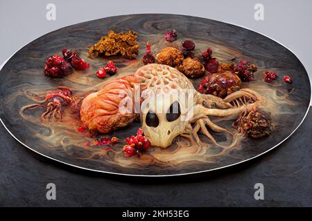 Anatomischer menschlicher Teil, Gehirnteile, Eingeweide, Schädel und Knochen mit giftigem Gemüse, die eine schreckliche Speise bilden. Ein Halloween-Dinner-Thema und Stockfoto