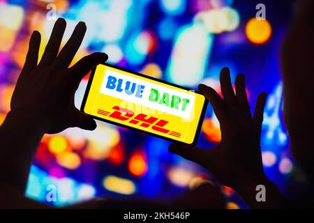 Brasilien. 23.. November 2022. In dieser Abbildung wird das Blue Dart DHL Logo auf einem Smartphone-Bildschirm angezeigt. (Foto: Rafael Henrique/SOPA Images/Sipa USA) Guthaben: SIPA USA/Alamy Live News Stockfoto