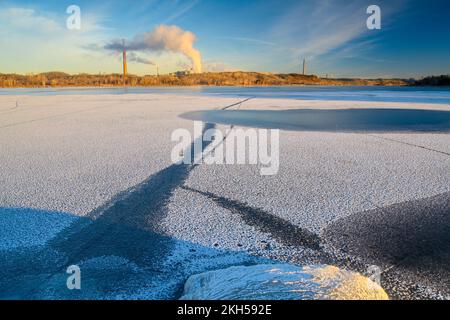 Eis- und Frostmuster am Kelly Lake, Greater Sudbury, Ontario, Kanada Stockfoto