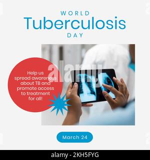 Zur Zusammensetzung des Welttuberkulosetages über den Händen mittels Tablette mit Röntgenstrahlen Stockfoto