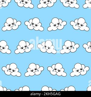 Eine Reihe weinender Cartoon-Wolken, isoliert auf blauem Hintergrund Stock Vektor