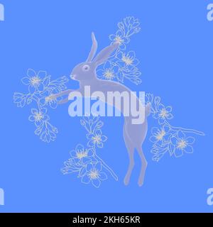 Häschen. Hasen-Design mit wunderschönen Blütenblüten für das Herbstfest oder das chinesische Neujahrsfest 2023, das „Jahr des Tierkreislaufs der Kaninchen“-Schild. Stockfoto