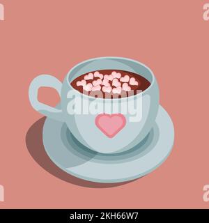 Heiße Schokoladentasse mit Marshmallows, eine blaue Tasse Kakao mit pinkfarbenem Herzschmuck. Ich liebe Grußkarten, Vektorbilder, isolierte Designelemente Stock Vektor