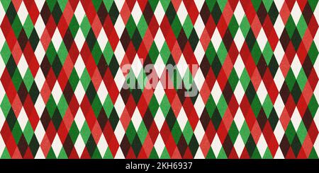 Rot und Grün raue Kraftregelung nahtlos geschliffener Diamant-Harlequin-Dame Weihnachtsdekoration. Hintergrund der klassischen Weihnachtskarte oder Geschenkverpackung Stockfoto