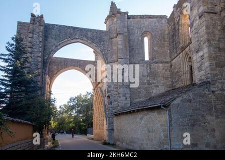 Der Camino de Santiago verläuft in der Nähe von Castrojeriz durch den Säulenabschnitt der beeindruckenden Ruinen des Klosters San Antón aus dem 14. Jahrhundert. Stockfoto