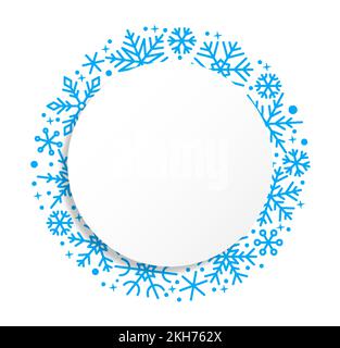 Schneeflocke eisig kaltblauer, linearer Rahmen. Frohe Weihnachten und ein frohes neues Jahr Grußkarte Plakat Banner Vorlage. Im Winter verzierte Eissternhintergründe. Rahmen für Schneeflocken im Weltraum kopieren. Einrichtung in Weihnachtsbuchstaben Stock Vektor