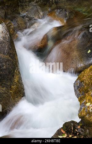 Der Bergbach stürzt zwischen bunten Felsbrocken und Moos mit seidig glattem Wasser in die Tiefe Stockfoto
