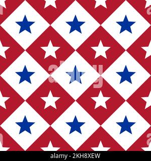 Diagonale Sterne und Quadrate nahtloses Muster. Amerikanische patriotische Hintergründe. Geometrische Drucke am Unabhängigkeitstag. Echte Farben der USA-Flagge. Stock Vektor