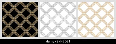 Set von geometrischen nahtlosen Mustern. Drei geometrische Vektoren abstrakte Ornamente. Moderne, einfache Hintergründe mit sich wiederholenden Elementen Stock Vektor