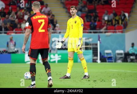 Belgischer Torwart Thibaut Courtois während der FIFA-Weltmeisterschaft 2022, Fußballspiel der Gruppe F zwischen Belgien und Kanada am 23. November 2022 im Ahmad bin Ali Stadion in Ar-Rayyan, Katar - Photo Jean Catuffe / DPPI Stockfoto