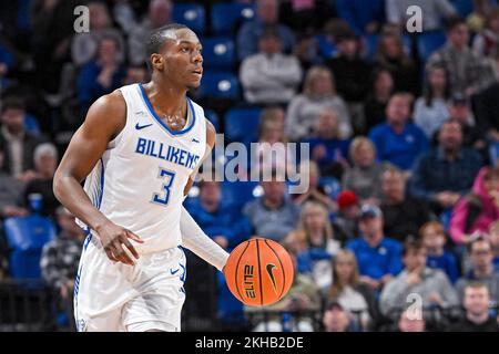 23. NOVEMBER 2022: Saint Louis Billikens Wächter Javonte Perkins (3) in einem regulären Saisonspiel, bei dem die Paul Quinn Tigers die St. Louis Billikens. In der Chaifetz Arena in St. Louis, MO Richard Ulreich/CSM Stockfoto