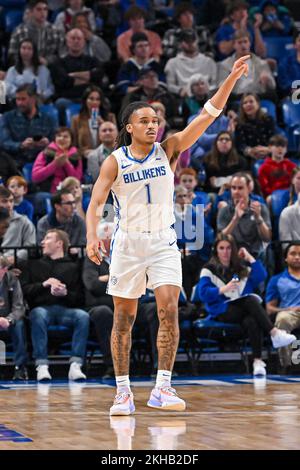 23. NOVEMBER 2022: Saint Louis Billikens, Wächter Yuri Collins (1), beantragt, dass ein Teamkollege einen Gegner in einem regulären Saisonspiel abholt, bei dem die Paul Quinn Tigers die St. Louis Billikens. In der Chaifetz Arena in St. Louis, MO Richard Ulreich/CSM Stockfoto