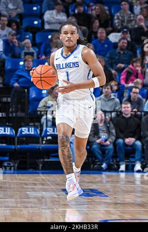 23. NOVEMBER 2022: Saint Louis Billikens Wächter Yuri Collins (1) bringt den Ball in einem regulären Saisonspiel nach unten, bei dem die Paul Quinn Tigers die St. Louis Billikens. In der Chaifetz Arena in St. Louis, MO Richard Ulreich/CSM Stockfoto