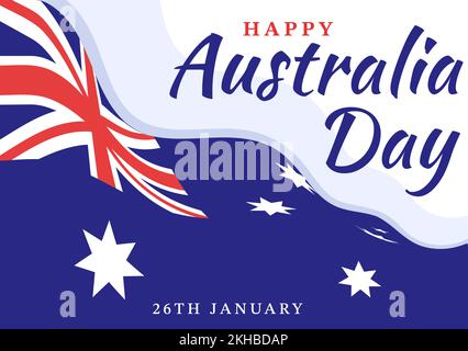 Happy Australia Day findet jedes Jahr am 26.. Januar statt, mit Flaggen und einer Karte zur Vielseitigkeit der Menschen in flachem Cartoon, handgezeichnete Vorlage Stock Vektor