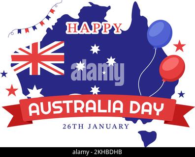 Happy Australia Day findet jedes Jahr am 26.. Januar statt, mit Flaggen und einer Karte zur Vielseitigkeit der Menschen in flachem Cartoon, handgezeichnete Vorlage Stock Vektor