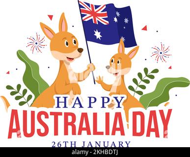 Happy Australia Day findet jedes Jahr am 26.. Januar mit Flaggen und Kängurus in der flachen, handgezogenen Schablone statt Stock Vektor