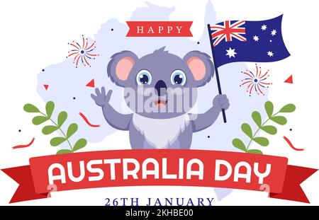 Happy Australia Day findet jedes Jahr am 26.. Januar mit Flaggen und Koalas in der flachen, handgezeichneten Schablone statt Stock Vektor