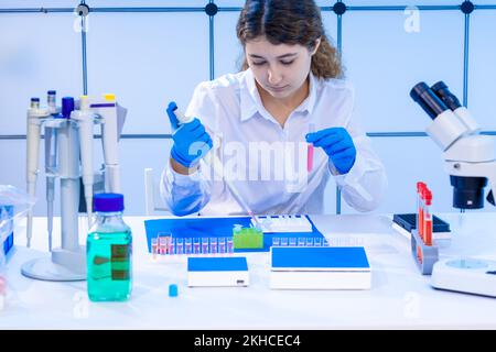 Junge Erwachsene Wissenschaftlerin, die 96-Well-Platten mit einer Multi-Pipette füllt Stockfoto