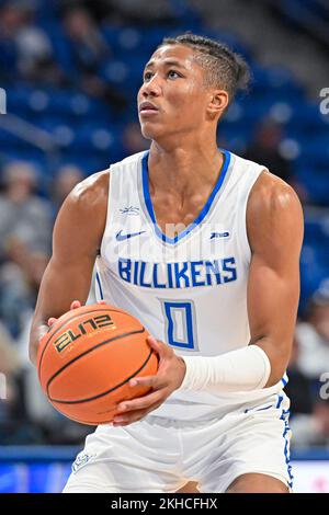 23. NOVEMBER 2022: Saint Louis Billikens Wächter Kellen Thames (0) macht sich bereit für einen kostenlosen Wurf in einem regulären Saisonspiel, bei dem die Paul Quinn Tiger die St. Louis Billikens. In der Chaifetz Arena in St. Louis, MO Richard Ulreich/CSM Stockfoto