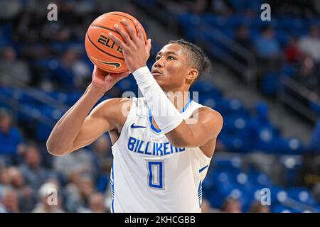 23. NOVEMBER 2022: Saint Louis Billikens Wächter Kellen Themse (0) schießt in einem regulären Saisonspiel, bei dem die Paul Quinn Tigers die St. Louis Billikens. In der Chaifetz Arena in St. Louis, MO Richard Ulreich/CSM Stockfoto