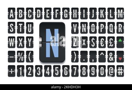 Mechanisches Scoreboard für das Retro-Flughafenterminal zur Darstellung der Wechselkurse. Vektordarstellung. Schwarze Schrift auf dem Flipboard mit Zahlen zur Anzeige von Flug- oder Investitionsinformationen. Stock Vektor