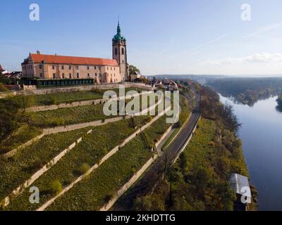 Drohnenschuss, Schloss Melnik, Kirche St. Peter und Paul, Zusammenfluss von Elbe und Moldau, Melnik, Melnick, Mittelböhmen, Tschechische Republik, E Stockfoto