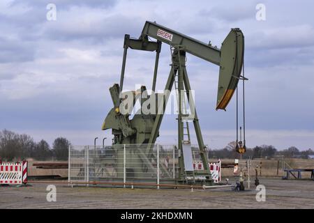 Pumpe zur Ölgewinnung im Naturschutzgebiet Kirchwerder Wiesen in Hamburgs vier- und Marschlanden. Kirchwerder, Hamburg, Deutschland, Europa Stockfoto