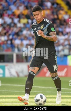 Moskau, Russland - 16. Juni 2018. Argentinischer Fußballnationalverteidiger Marcos Rojo beim FIFA-Weltmeisterschaftsspiel 2018 Argentinien gegen Island (1-1). Stockfoto