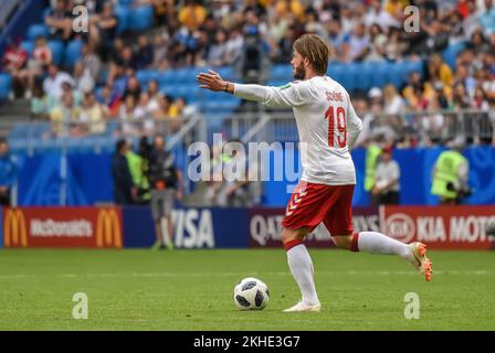 Samara, Russland – 21. Juni 2018. Die dänische Fußballnationalmannschaft Winger Lasse Schone während des FIFA-Weltmeisterschaftsspiels 2018 Dänemark gegen Australien (1-1). Stockfoto