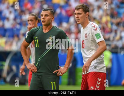 Samara, Russland – 21. Juni 2018. Dänemark Mitte-Rücken Andreas Christensen und Australien Winger Andrew Nabababout beim FIFA-Weltmeisterschaftsspiel 2018 Dänemark gegen Stockfoto