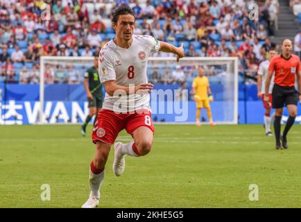 Samara, Russland – 21. Juni 2018. Mittelfeldspieler Thomas Delaney aus der dänischen Nationalmannschaft beim FIFA-Weltmeisterschaftsspiel 2018 Dänemark gegen Australien. Stockfoto