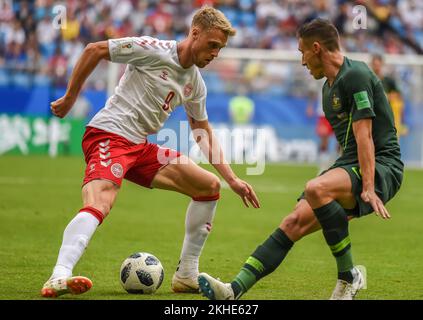 Samara, Russland – 21. Juni 2018. Striker der dänischen Nationalmannschaft Nicolai Jorgensen in Aktion beim FIFA-Weltmeisterschaftsspiel Dänemark gegen Australien 2018 Stockfoto