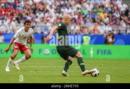 Samara, Russland – 21. Juni 2018. Mittelfeldspieler Aaron Mooy der australischen Fußballnationalmannschaft beim FIFA-Weltmeisterschaftsspiel 2018 Dänemark gegen Australien (1-1). Stockfoto