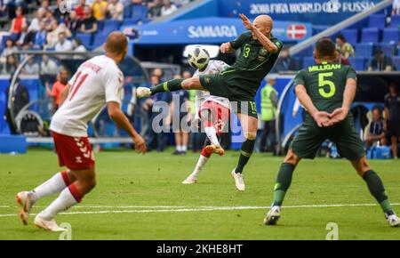 Samara, Russland – 21. Juni 2018. Mittelfeldspieler Aaron Mooy der australischen Fußballnationalmannschaft beim FIFA-Weltmeisterschaftsspiel 2018 Dänemark gegen Australien (1-1). Stockfoto