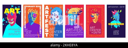Kunstausstellungsflyer mit zeitgenössischen Porträts, abstrakte Gesichter moderner Illustration. Vektorvorlagen für Art Center oder Festivalveranstaltung. Kreative Cartoon-Grafiken mit surrealen Charakteren, Set Stock Vektor