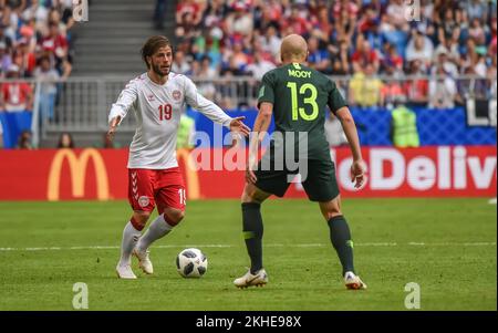 Samara, Russland – 21. Juni 2018. Die dänische Fußballnationalmannschaft Winger Lasse Schone während des FIFA-Weltmeisterschaftsspiels 2018 Dänemark gegen Australien (1-1). Stockfoto