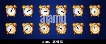 Uhrensymbole, Animationsblatt. Wecker mit Sequenzrahmen mit beweglichen Pfeilen. Überwacht grafische Designelemente für Anwendung, Timer, Ladevorgang, Cartoon-isolierte Vektorsymbole Stock Vektor