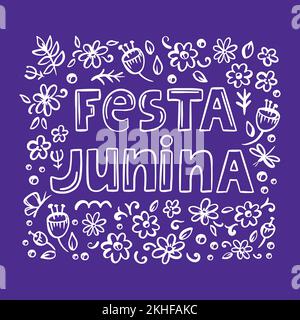 FESTA JUNINA MONOBLUE June Festival katholische Tradition Brasilien Karneval Holiday Schriftzug mit abstrakten Blättern auf violettem Hintergrund Vektorillustration Stock Vektor