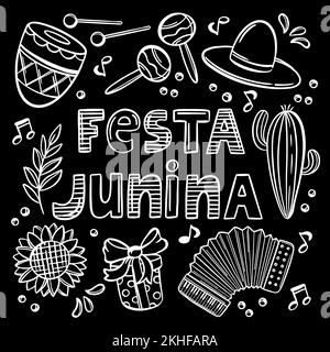 FESTA JUNINA SCHWARZWEISS Juni Festival katholische Tradition Brasilien Karneval Feiertag Schriftzug mit abstrakten Blättern auf schwarzem Hintergrund Vector Illustratio Stock Vektor