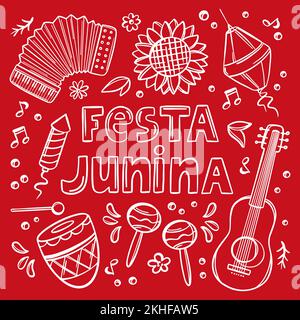 FESTA JUNINA MONORED Juni Festival katholische Tradition Brasilien Karnevalsfeiertag Schriftzug mit Musikinstrumenten auf rotem Hintergrund Vektorillustration Stock Vektor