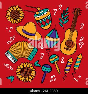 FESTA JUNINA STIL Juni Festival katholische Tradition Brasilien Karnevalsfeier Komposition mit Musikinstrumenten auf rotem Hintergrund Vektorillustration Stock Vektor